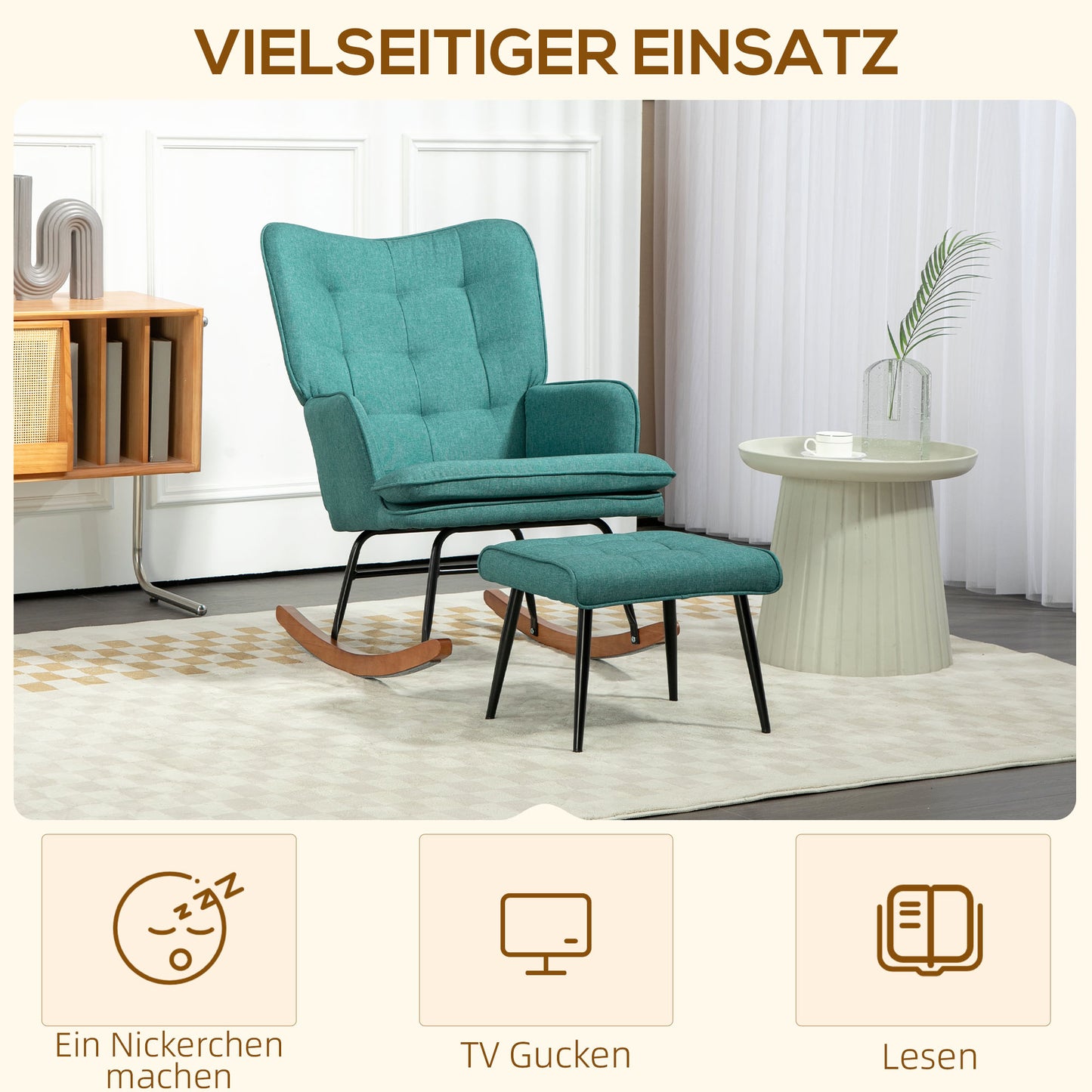 HOMCOM Schaukelstuhl mit Fußhocker, breite Sitzfläche, hohe Rückenlehne, Leinenimitat, Mintgrün