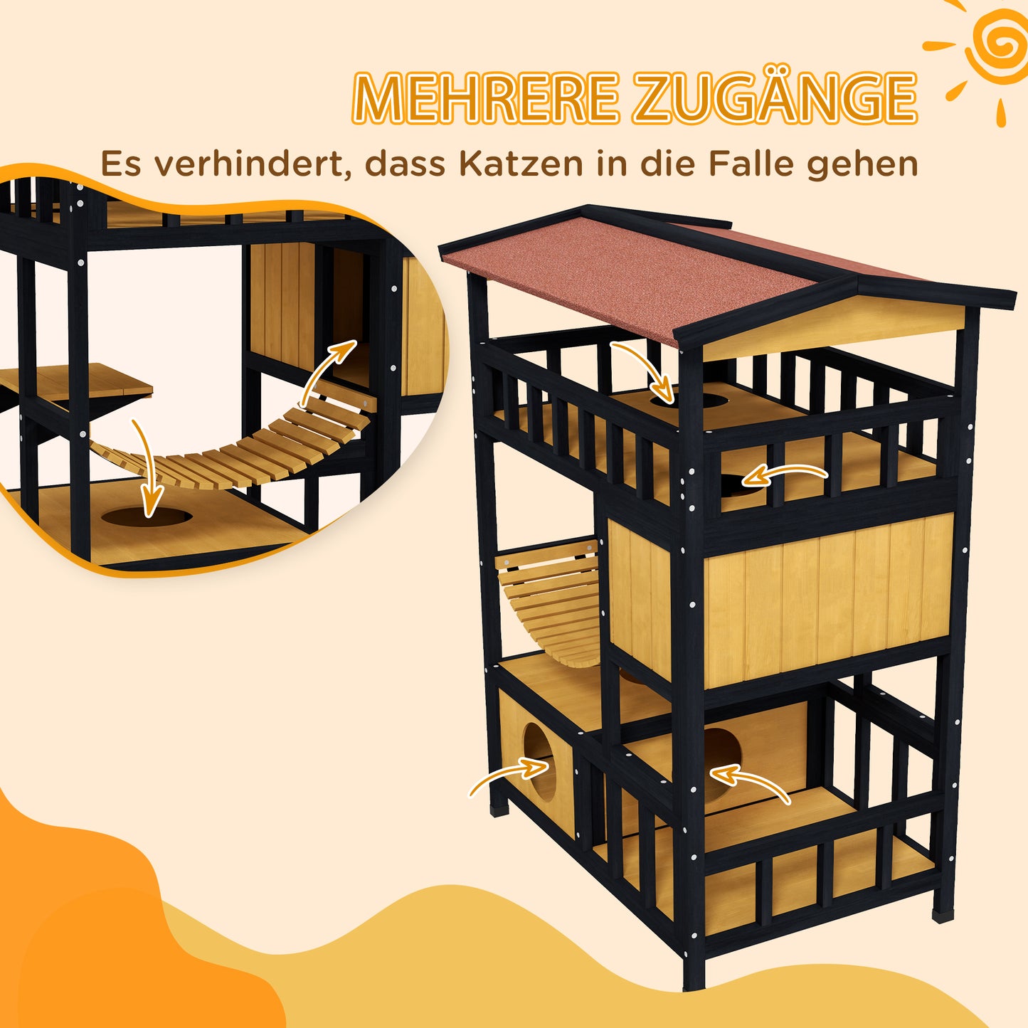 PawHut Katzenhaus, Katzenparadies mit Plattformen, Hängebrücke und Katzenhöhlen, für bis zu 2 Katzen geeignet, Holz
