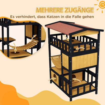 PawHut Katzenhaus, Katzenparadies mit Plattformen, Hängebrücke und Katzenhöhlen, für bis zu 2 Katzen geeignet, Holz