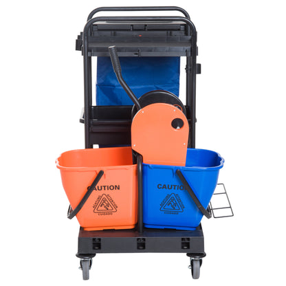 HOMCOM Putzwagen Reinigungswagen Wischwagen Systemwagen mit 4 leichtgängigen Rollen Schwarz+Blau+Orange 111 × 63,3 × 103 cm