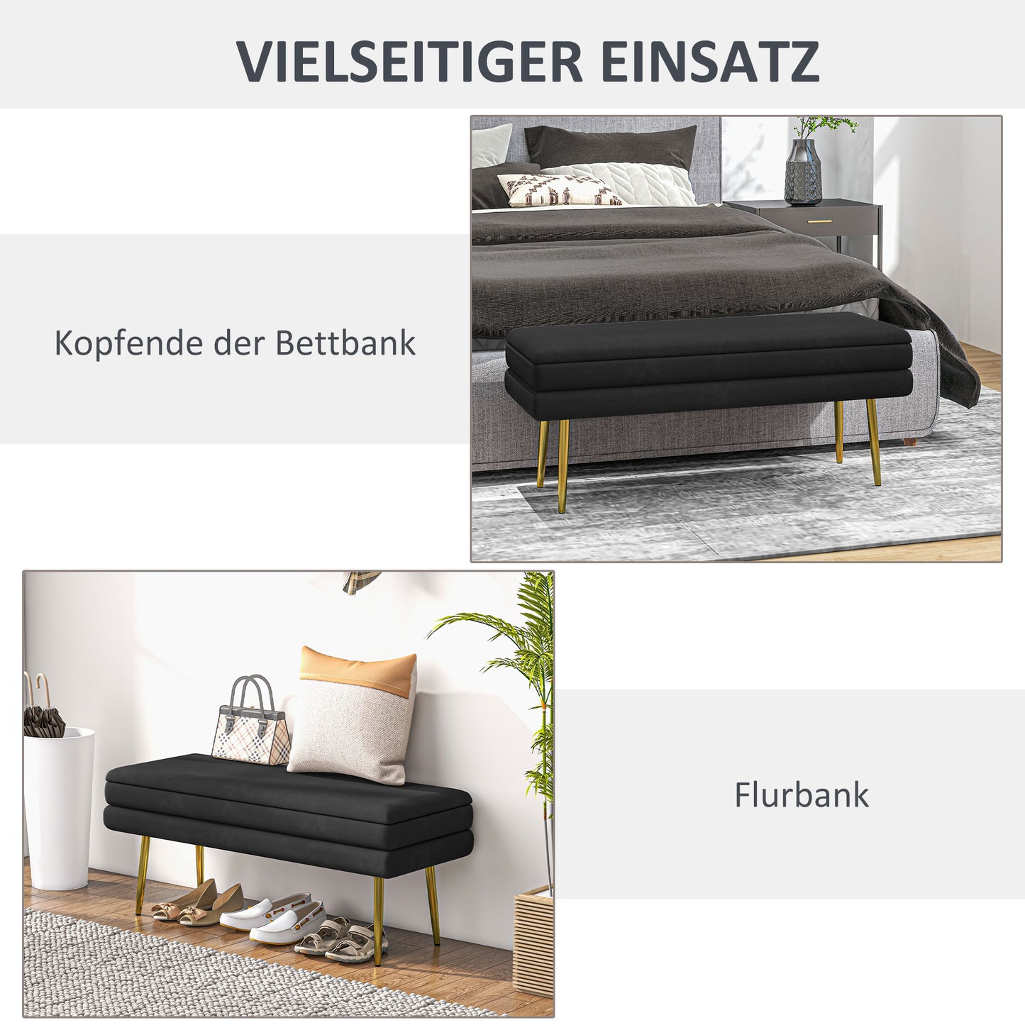 HOMCOM Sitzbank Polsterbank, mit Stauraum, Stahl, 100 cm x 37,5 cm x 42 cm, Schwarz