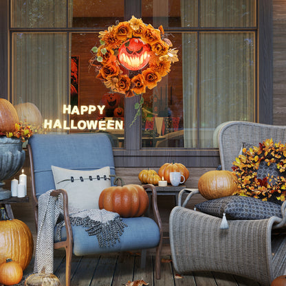Outsunny Halloween-Kranz, Grusel-Kürbis-Design, Herbstblätter, Lichteffekte, Kunststoff