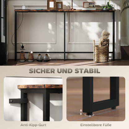 HOMCOM Schlanker Konsolentisch mit Ladestation, Industriestil, Stahlrahmen, Braun