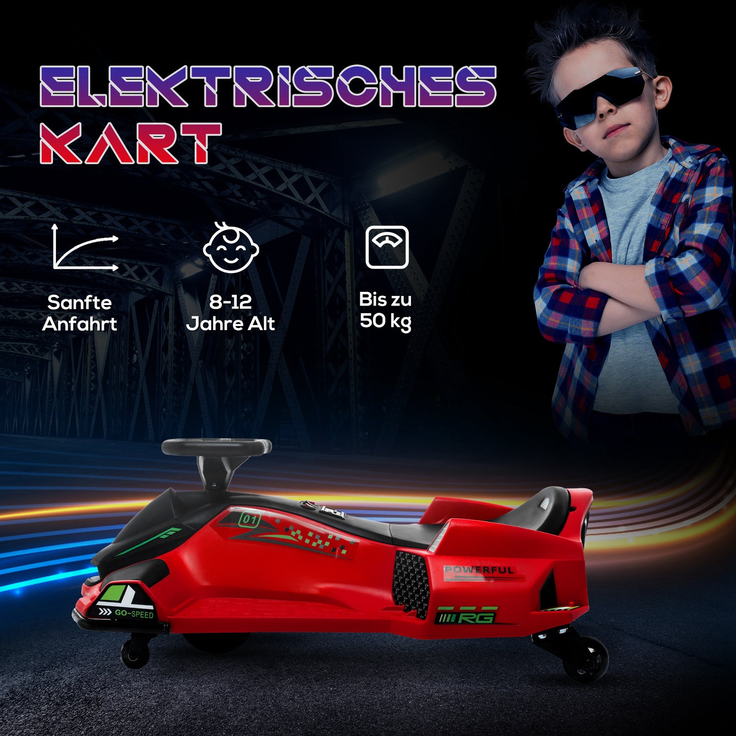 HOMCOM Elektrisches Go-Kart für Kinder, Gummiräder, 3-8 km/h, mit Lichtern und Musikfunktion, Rot