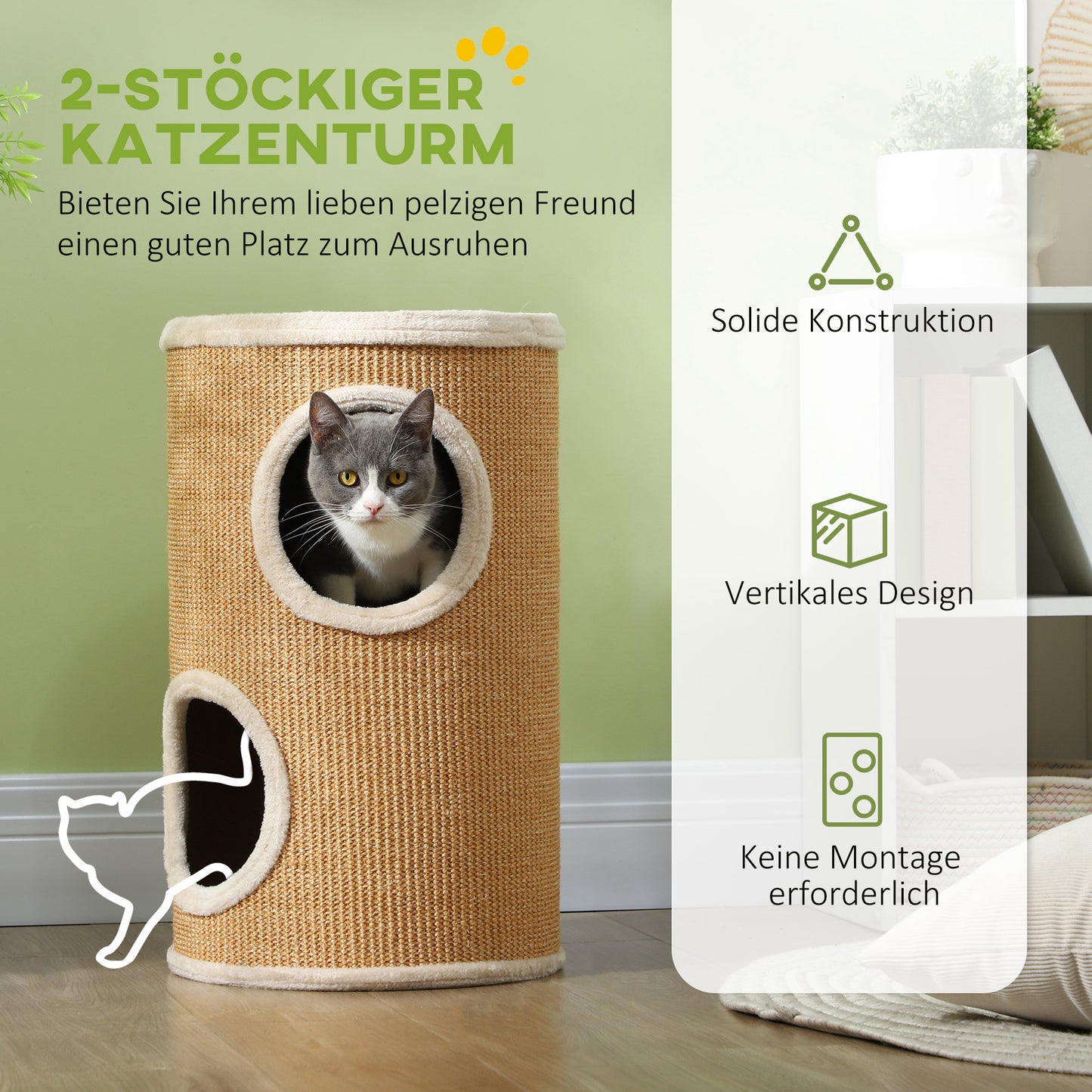 PawHut Katzenbaum mit viel Platz, Plüschbezug, Sisal-Oberfläche, Φ35 x 60H cm, Braun-Beige, 10 kg