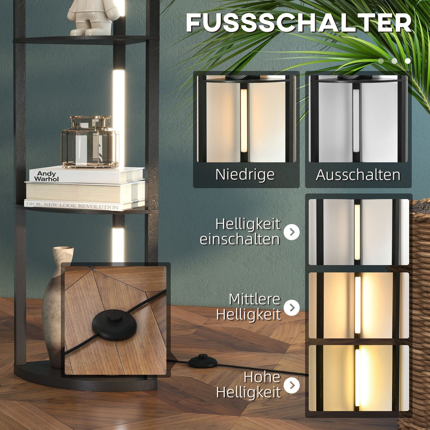 HOMCOM LED Standleuchte, Eckregal, dimmbar, 4 Ablagen, warmweißes Licht, 41x30x164cm, Schwarz