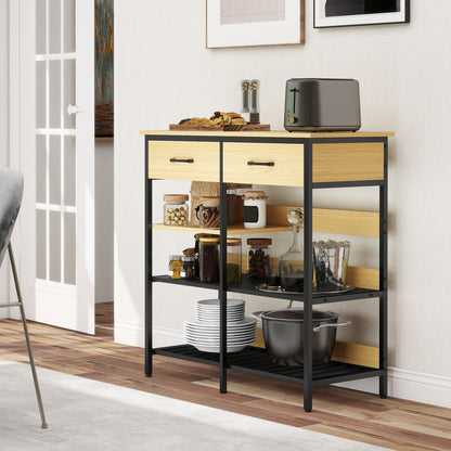 HOMCOM Sideboard, Kommode mit 2 Schubladen, 3 offenen Regalen Küchenschrankfür Küche, Wohnzimmer 90 x 40 x 91 cm, Naturholz