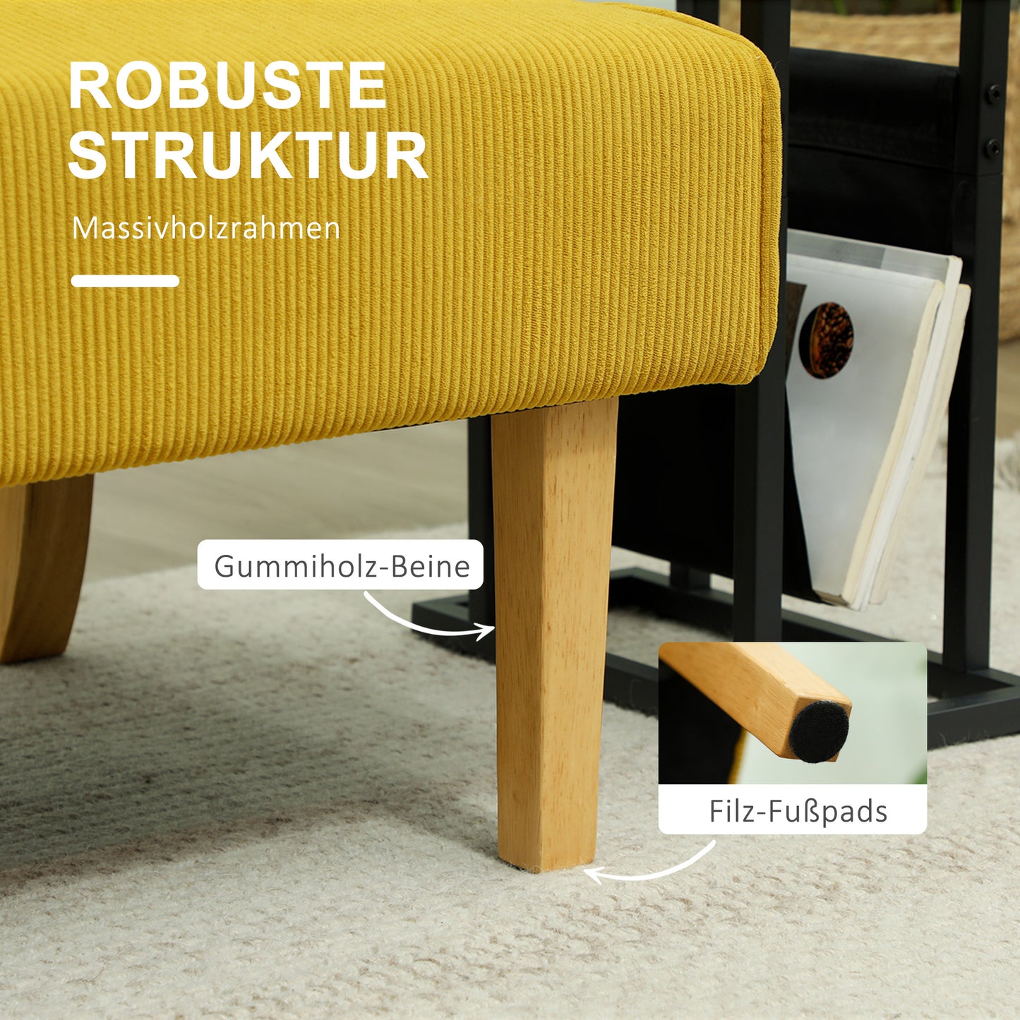 HOMCOM Zweisitzer-Sofa mit Cord-Bezug, dicker Polsterung und soliden Holzbeinen für Wohnzimmer, Schlafzimmer, Büro, Gelb