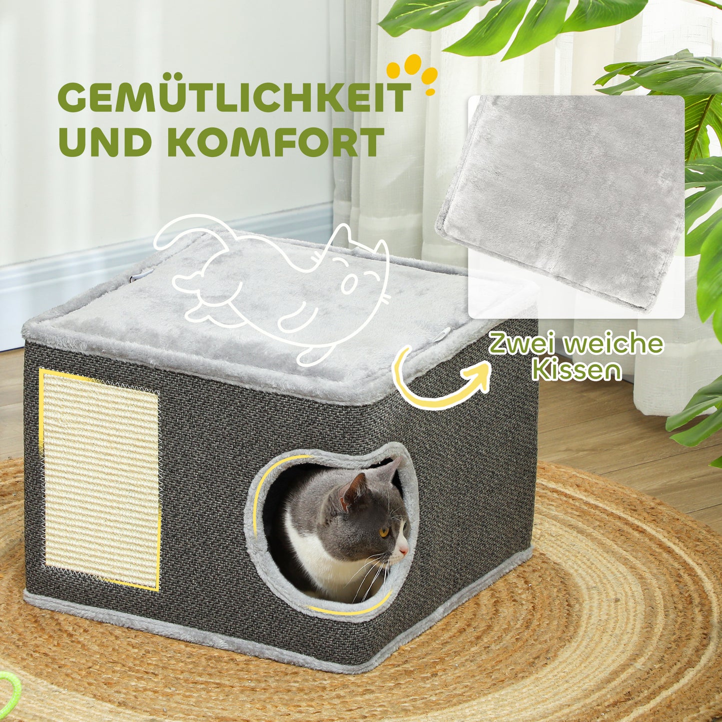 PawHut Katzenhaus mit 2 Kissen, Bett, Höhle, Kratzmatte, Spielball, kleiner Kratzbaum, Grau