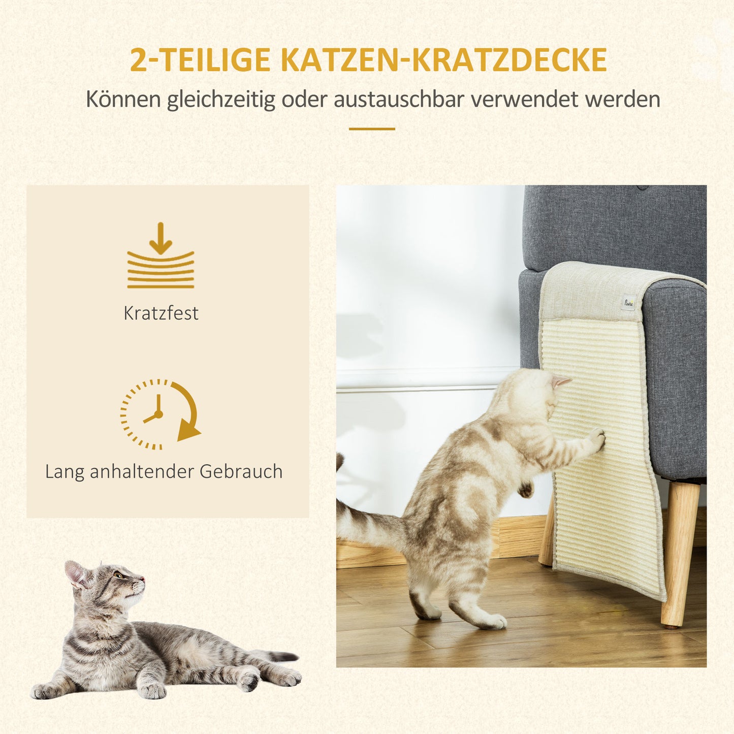 PawHut 2er Kratzmatte Kratzschutz Soffa Sisal Kratzteppich für Katze Sessel Soffa Katzenkratzmatte Beige+Grau 130 x 45 x 0,3 cm