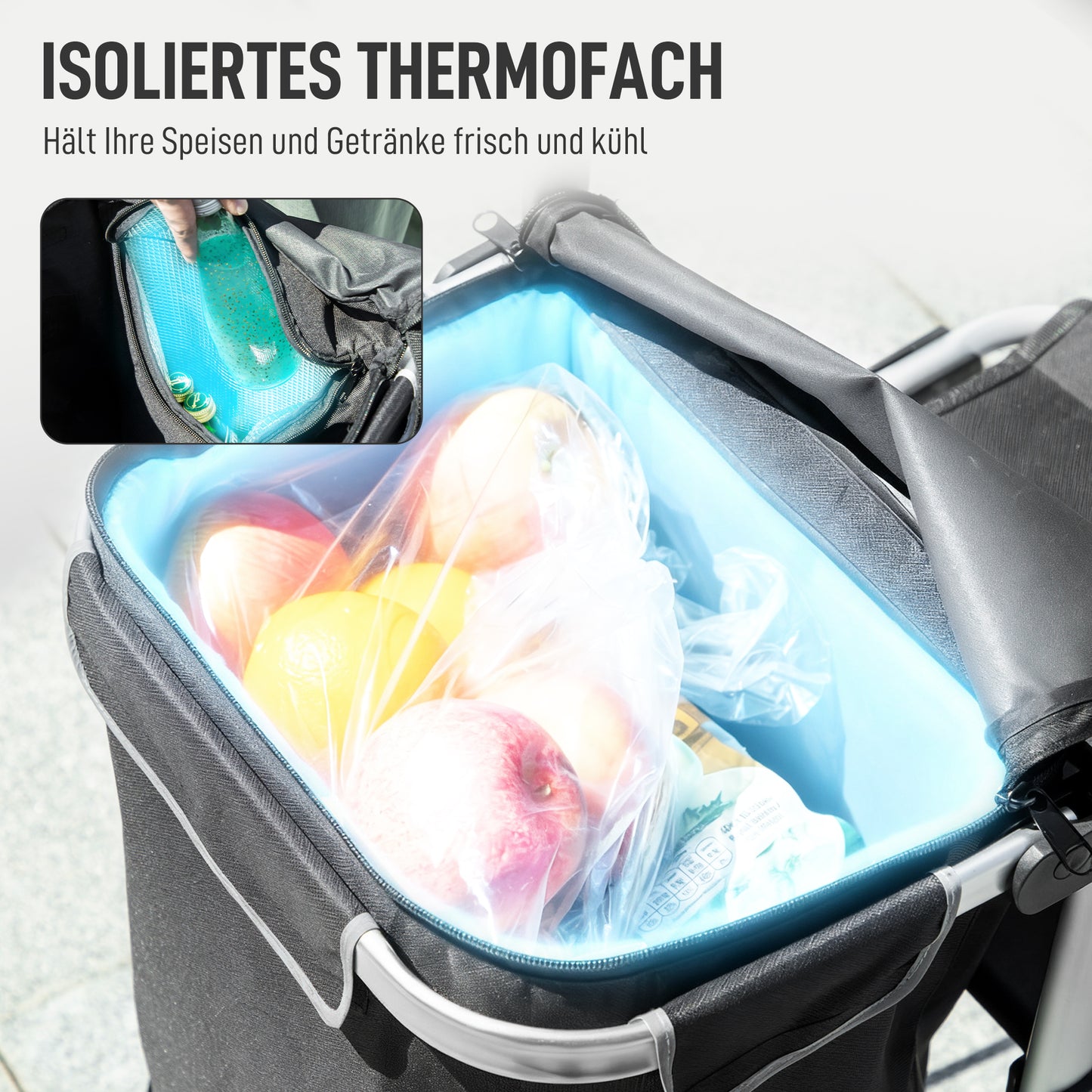 HOMCOM 3-in-1 Einkaufstrolley klappbar mit 40L Kapazität belastbar Trolley bis 25kg mit Kühlfach Schwarz