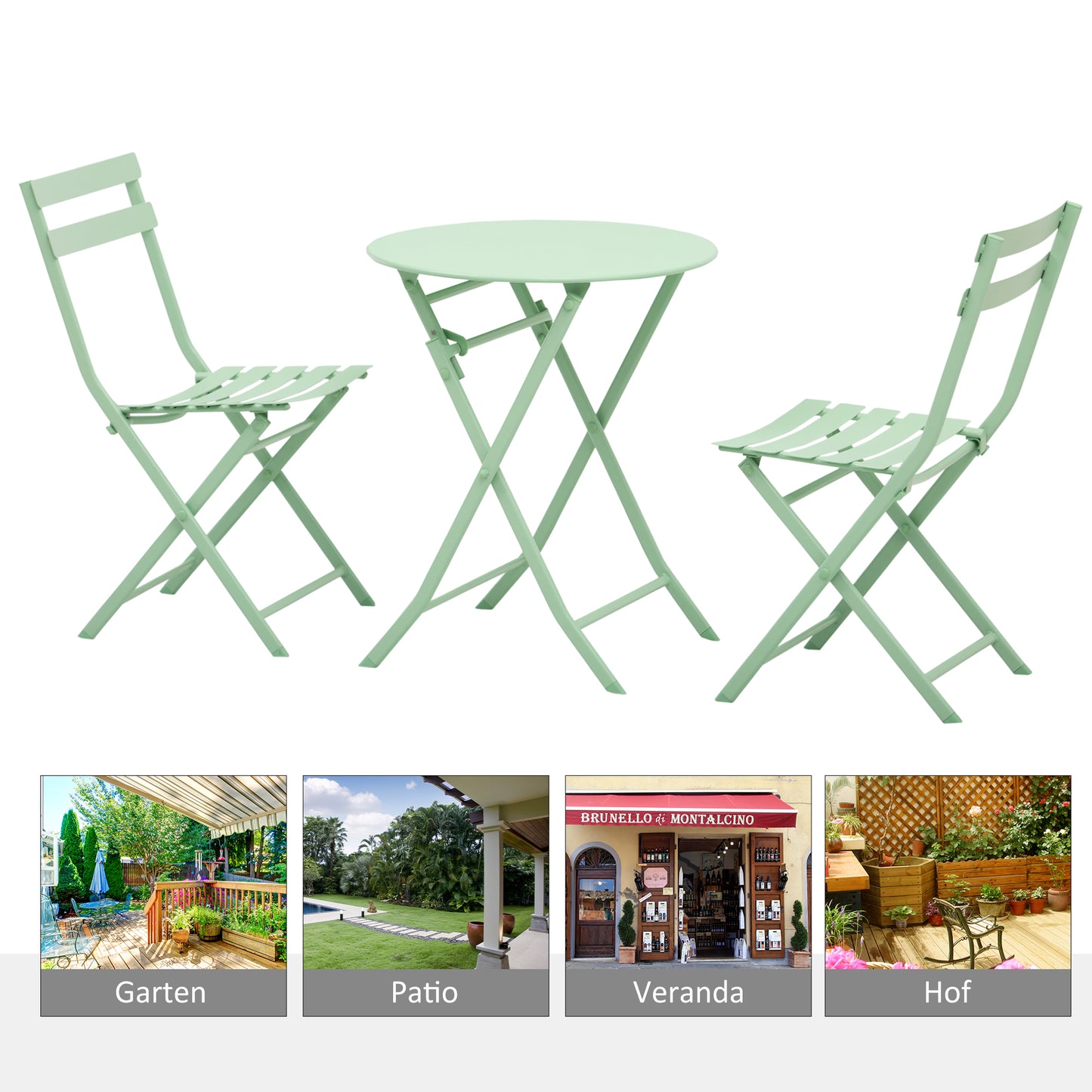 Outsunny Gartenset für 2 Personen Garnitur Balkonmöbel Set Bistrotisch mit 2 Stühlen für Hof Garten klappbar Grün