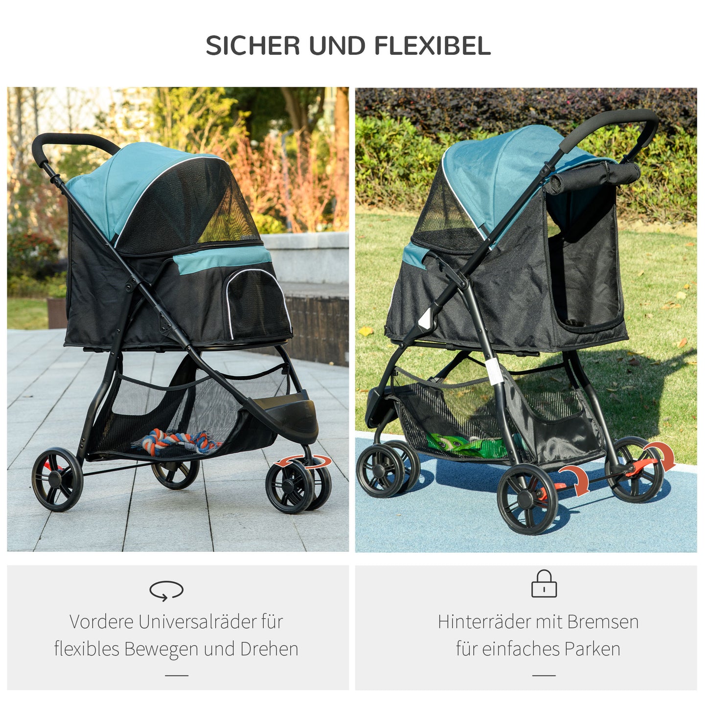 PawHut Haustierbuggy Hundebuggy bis 10kg klappbar Sicherheitsleine Handgriff Regenschutz Aufbewahrungskorb Blau + Schwarz