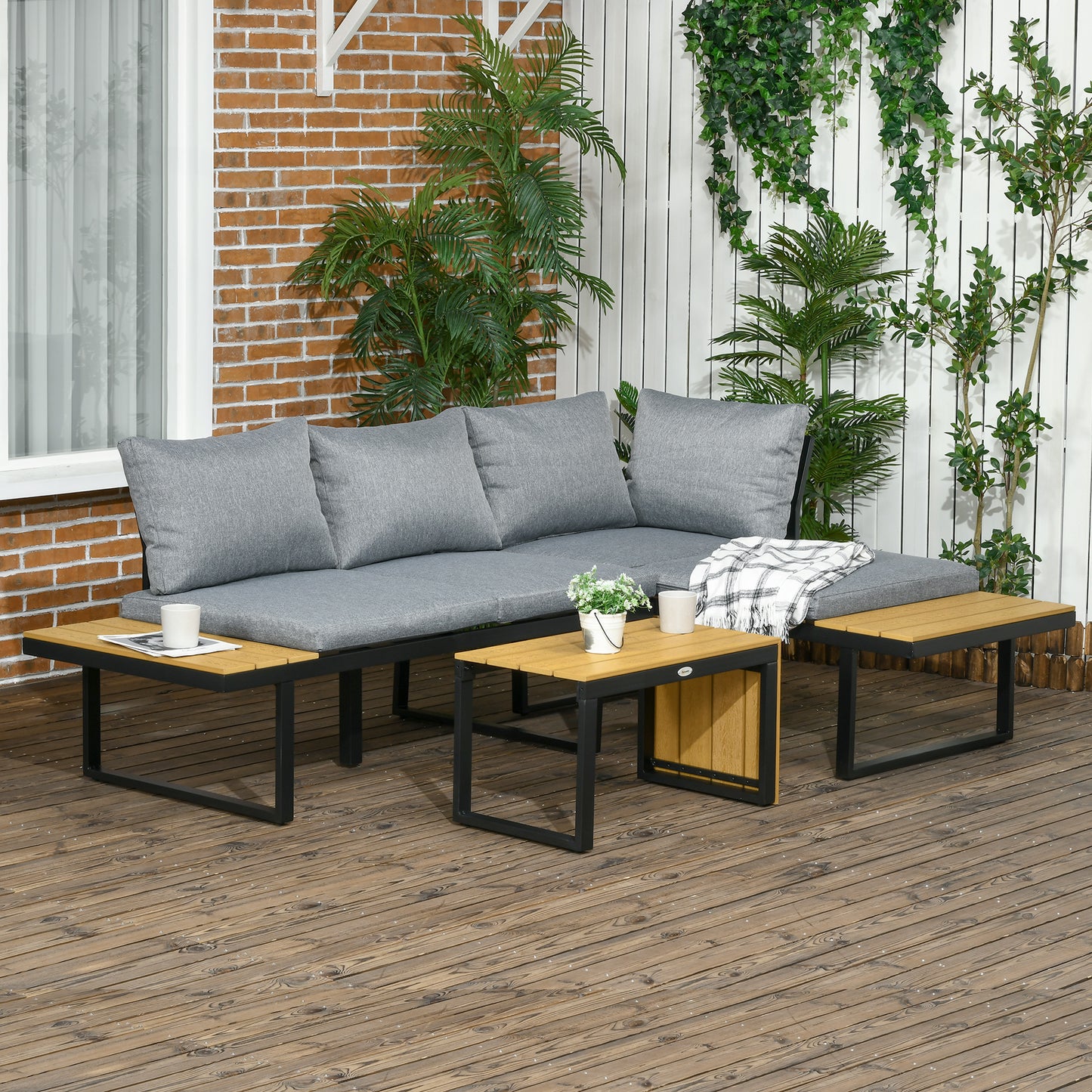 Outsunny Gartenmöbel-Set für 3 Personen Balkonmöbel mit Sitzkissen, Aluminiumrahmen, Holzoptik, Dunkelgrau+Natur