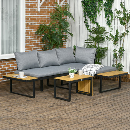 Outsunny Gartenmöbel-Set für 3 Personen Balkonmöbel mit Sitzkissen, Aluminiumrahmen, Holzoptik, Dunkelgrau+Natur