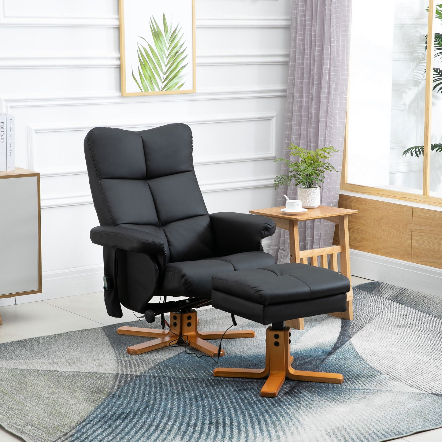 HOMCOM Massagesessel mit Hocker, 145° Neigbarer Relaxsessel mit Massagefunktion Liegefunktion Stauraum, TV-Sessel Fernsehsessel für Wohnzimmer, Kunstleder, 80 x 86 x 99 cm Schwarz