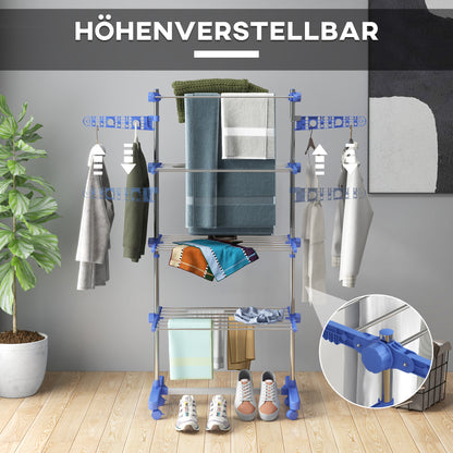 HOMCOM Wäschenständer Wäschetrockner 5 Ebenen, klappbar, One-Klick-System, 142 cm x 55 cm x1 72 cm, Blau + Silber