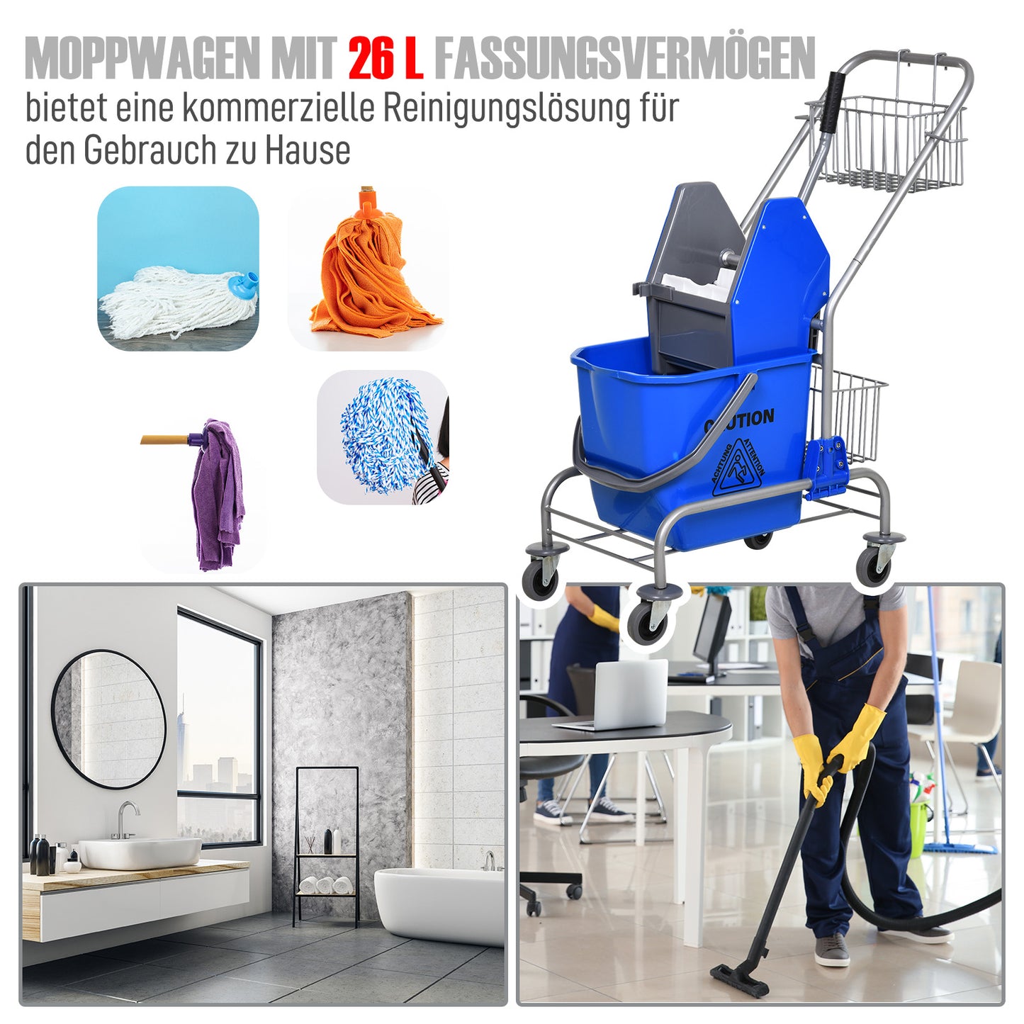 HOMCOM Reinigungseimer, Wischmoppeimer, rollbar, Kunststoff, Metallgriff, Blau