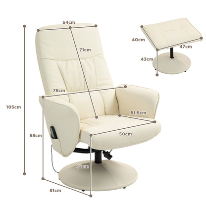 HOMCOM Massagesessel mit Fußhocker, Ergonomischer Stuhl mit 10 Vibrationspunkten, Kunstleder, 76 x 81 x 105 cm, Cremeweiß