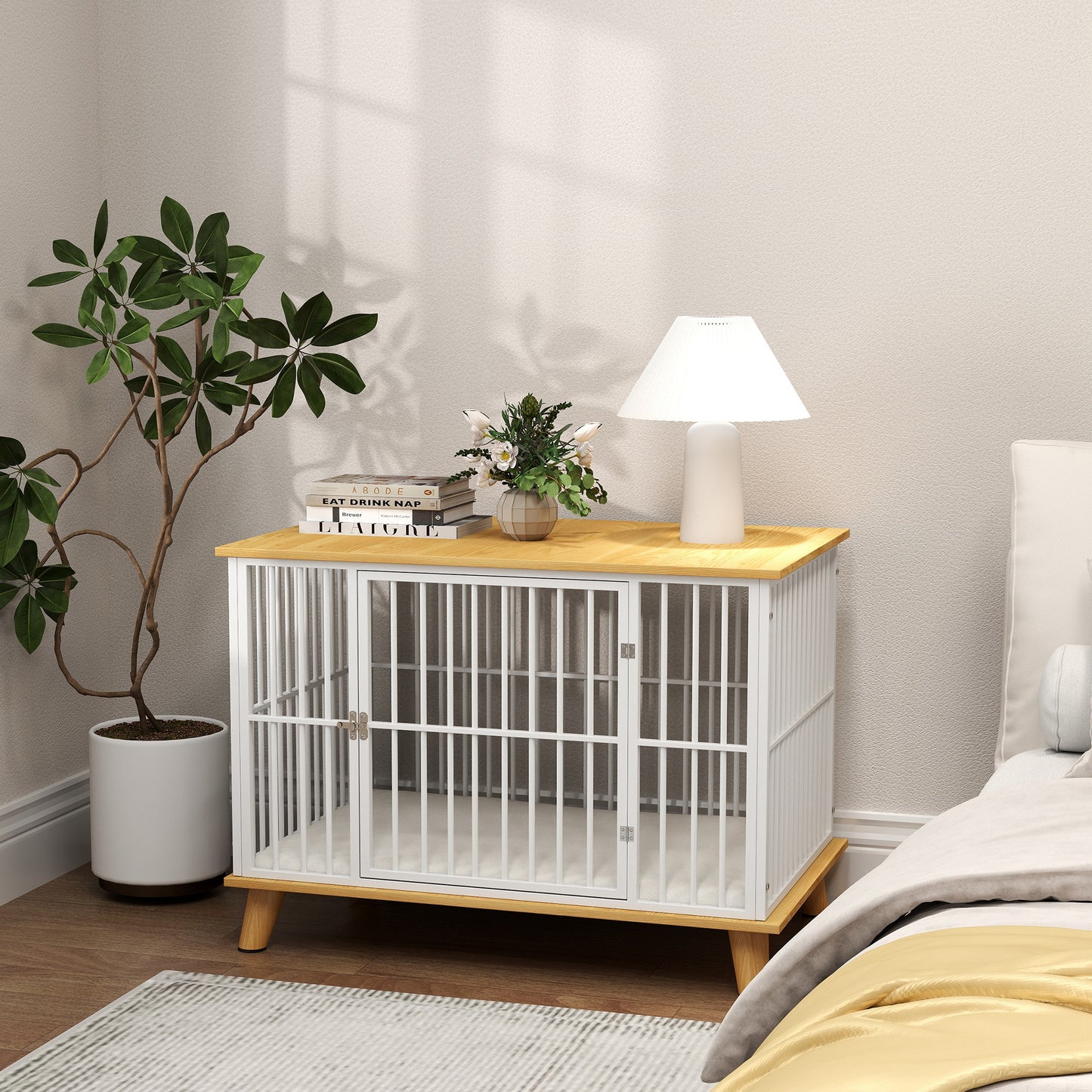 PawHut Hundebox mit Verriegelungstür, abnehmbares Kissen, gute Belüftung, Stahl, 86x60x70 cm, Weiß+Grau