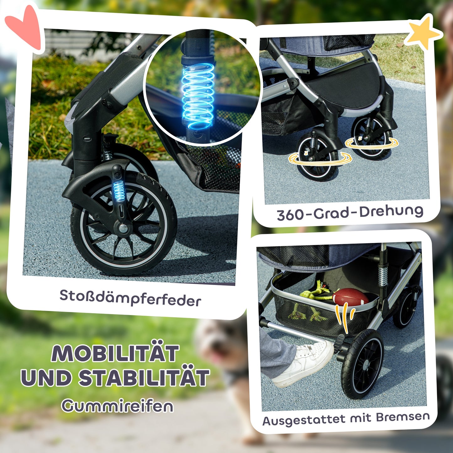 PawHut Hundewagen 3 in 1 Hundebuggy klappbar för Katzen till 10 kg Katzenbuggy mit Kissen Becherhalter Dunkelblau
