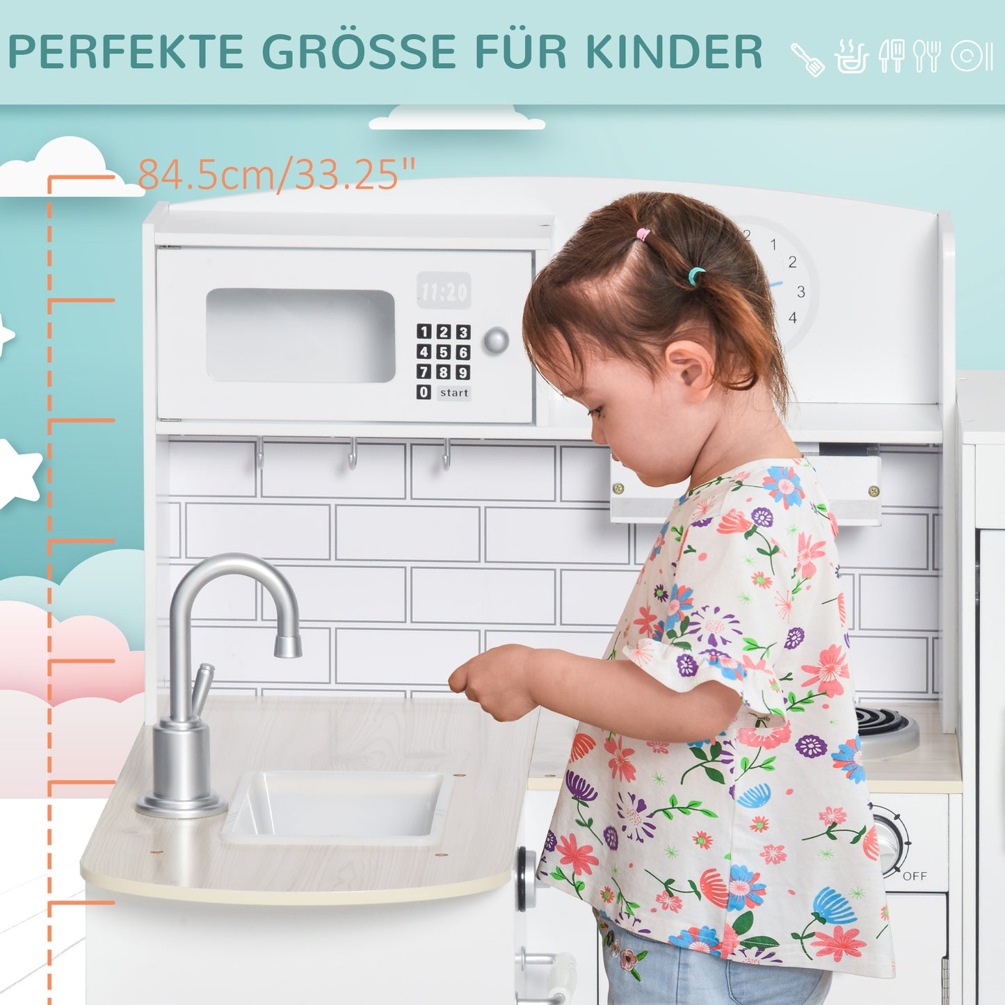 HOMCOM Spielküche, 14-tlg. Zubehör, elektr. Wasserspender, 86 x 64 x 84,5 cm, Weiß