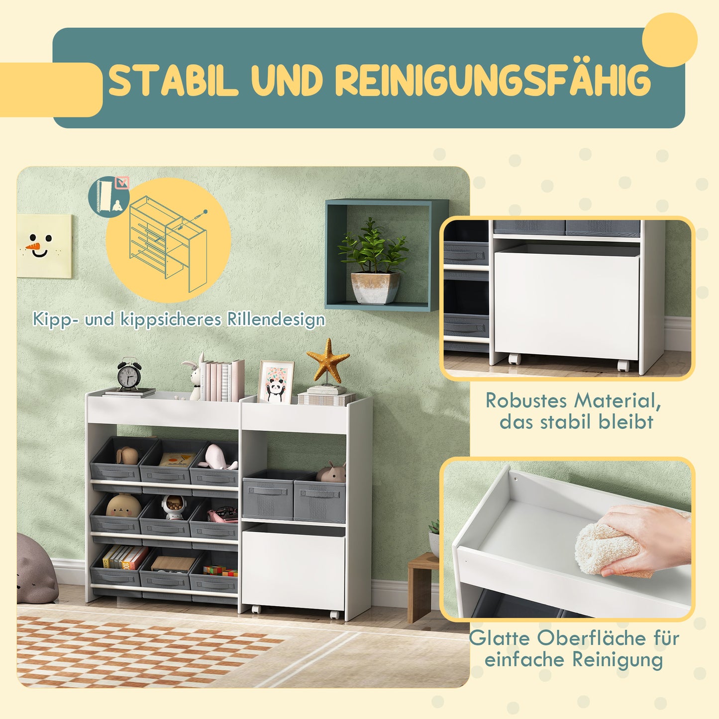 AIYAPLAY Kinder-Aufbewahrungsregal, Spielzeugschrank für Kinder mit 11 Stoffboxen, oberen Fächern, 3 Stickern, Weiß