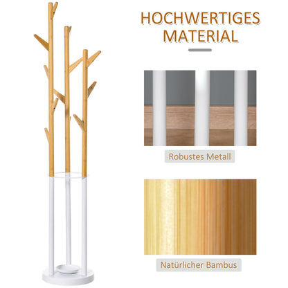 HOMCOM Garderobenständer, Kleiderständer mit 12 Haken und Schirmständer, Garderobe in Baumform, moderner Jackenständer für Kleidung, Hut, Tasche, für Wohnzimmer, Schlafzimmer, Bambus, Natur+Weiß