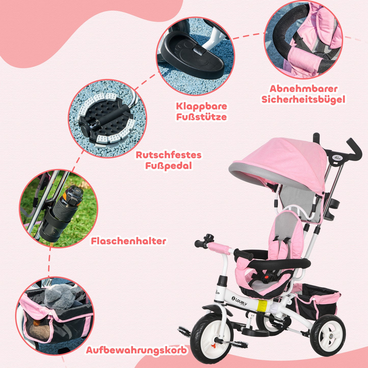 HOMCOM 6-in-1 Kinderdreirad mit Schiebestange, Dach, Gurt, Ablagekorb, für 1-5 Jahre, Rosa