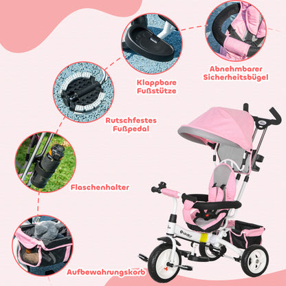 HOMCOM 6-in-1 Kinderdreirad mit Schiebestange, Dach, Gurt, Ablagekorb, für 1-5 Jahre, Rosa