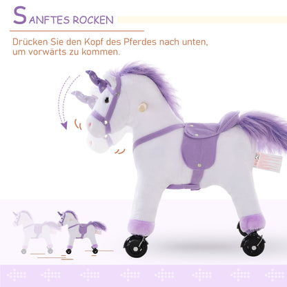 HOMCOM Reitpferd auf Rollen Spielpferd Reittier Wiehern Plüsch Lila 55 x 23 x 60 cm