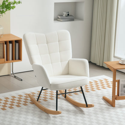 HOMCOM Schaukelstuhl in Vliesoptik mit Armlehnen, Ergonomischer Sessel mit Holzkufen, für Wohnzimmer, Schlafzimmer, Weiß