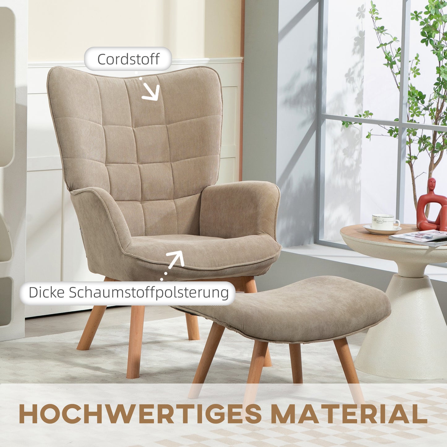 HOMCOM Akzentsessel mit Hocker, Relaxsessel in Cord-Optik, Armlehnstuhl mit Holzbeinen, für Wohnzimmer, Hellbraun