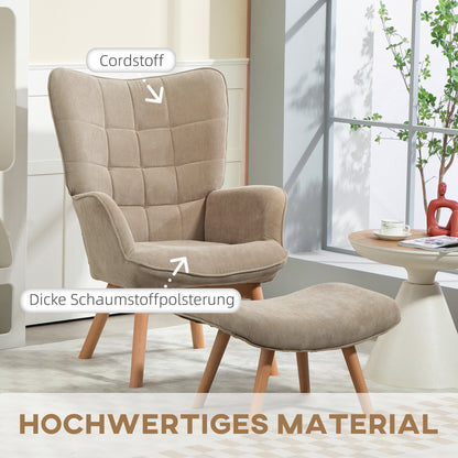 HOMCOM Akzentsessel mit Hocker, Relaxsessel in Cord-Optik, Armlehnstuhl mit Holzbeinen, für Wohnzimmer, Hellbraun