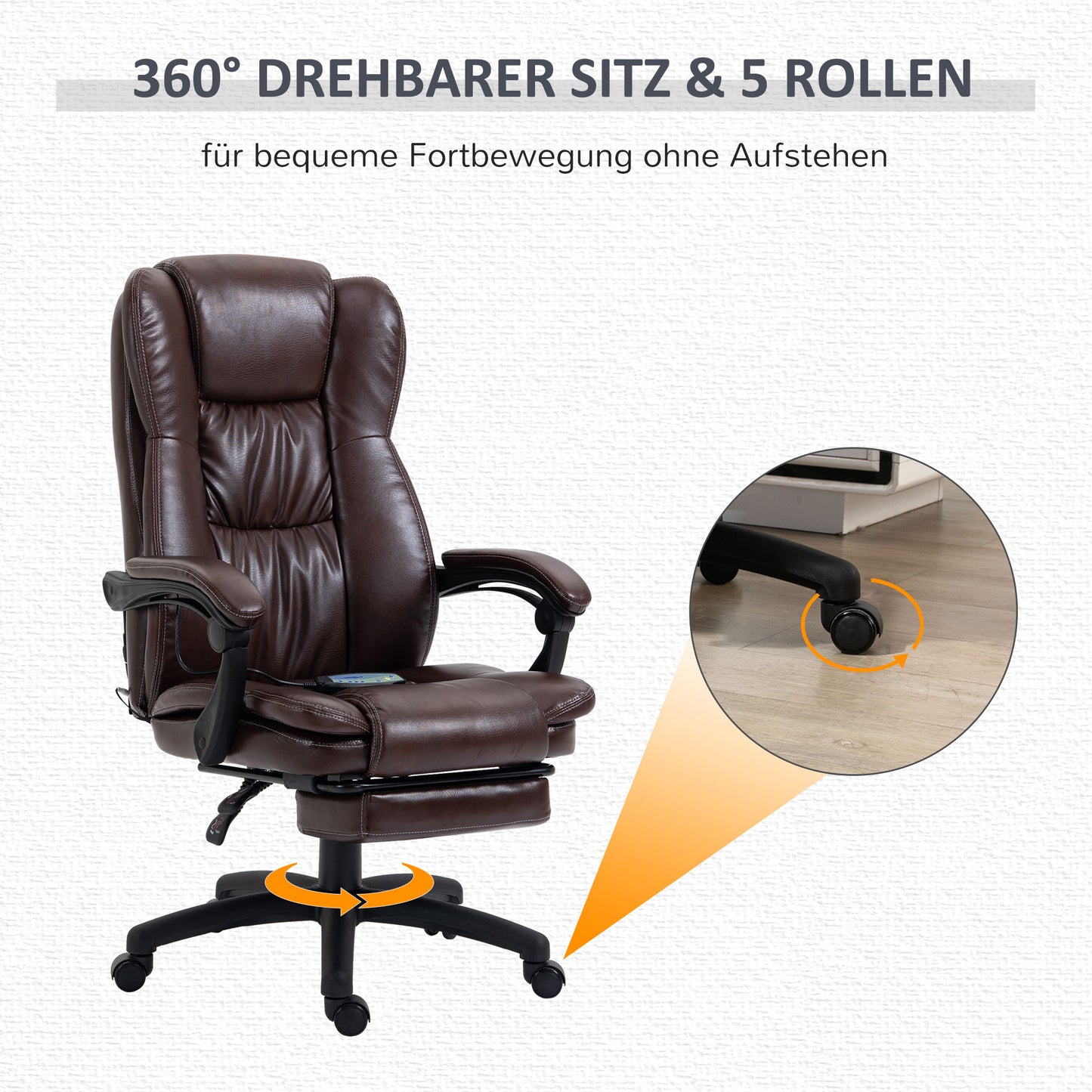 Vinsetto Verstellbarer Drehstuhl mit Fußstütze, Kopfstütze, Massagefunktion, Kunstleder, 68,5x68,5x113-121cm, Braun