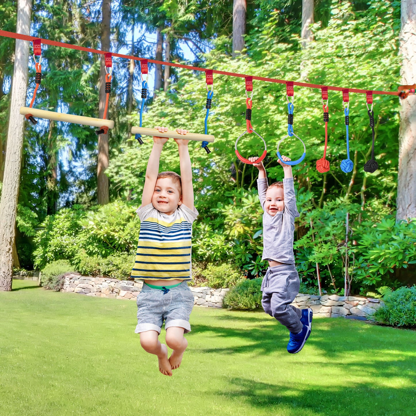 Outsunny Ninja Kletterset, Slackline, 30-teilig, 10 m Seil, für Kinder 3-6 Jahren