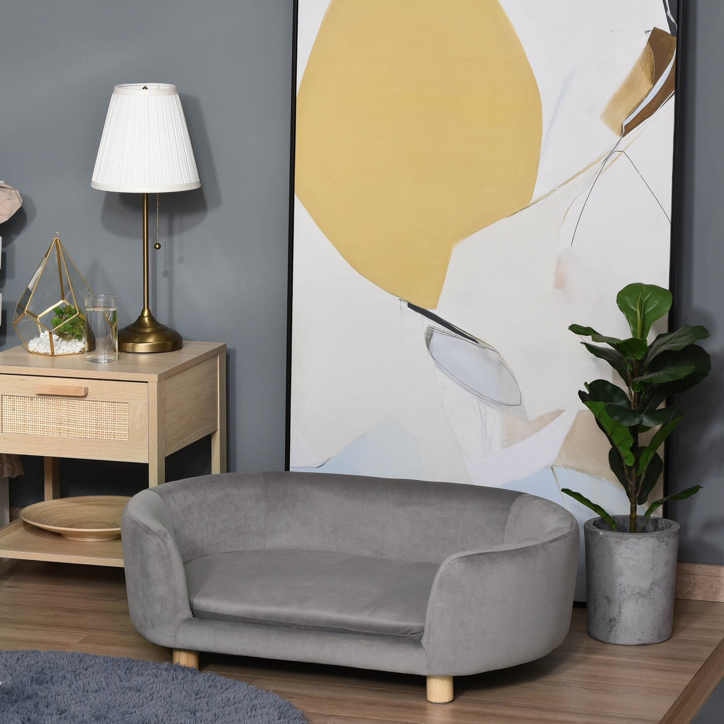 PawHut Haustiersoffa Hundesofa Hundebett mit Holländischer Samt Schaumstoff Birke Bein für Katzen Hunde 86 x 55 x 33 cm Hellgrau