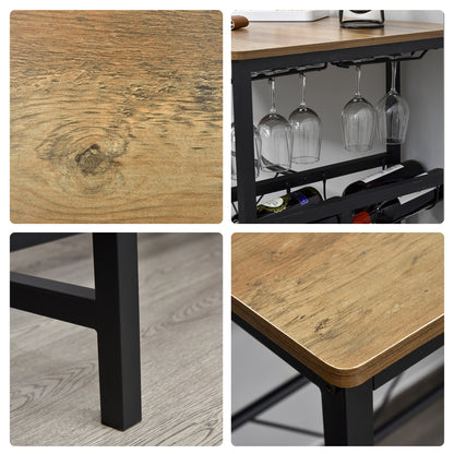 HOMCOM Bartisch-Set, Stehtisch mit 2 Barhockern, 3-teiliges Tischset Küchentresen mit Flaschenhalterung Spanplatte, Stahl, Natur+Schwarz, 108 x 60x 95H cm