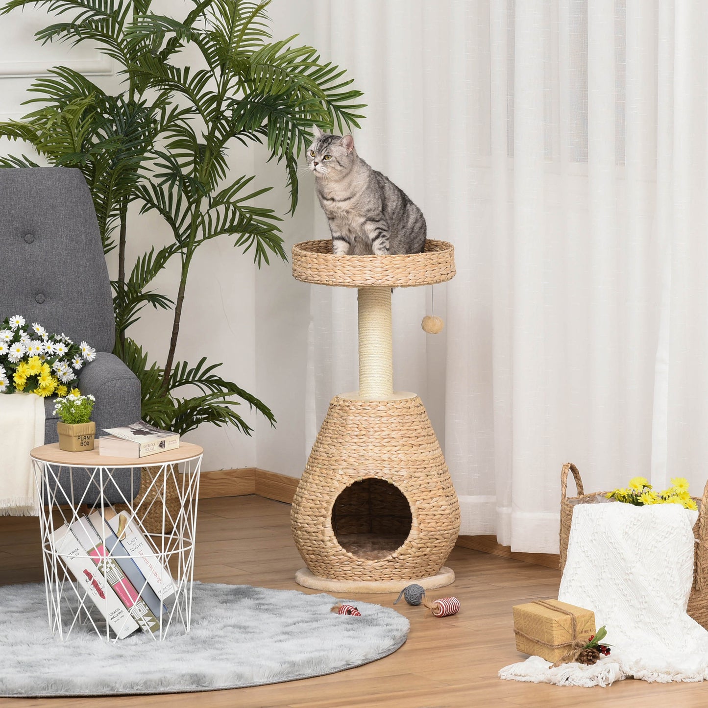 PawHut Katzenbaum Kratzbaum Kätzchen Möbel mit Katzenhöhle Ballspielzeug Sisal weiche Plüsch Höhe 82,5 cm Gelb