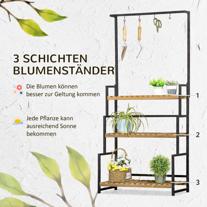 Outsunny Pflanzenregal mit 3 Ebenen und Befestigungshaken, Blumentreppe aus Naturholz, 80 cm x 36 cm x 174 cm, Natur
