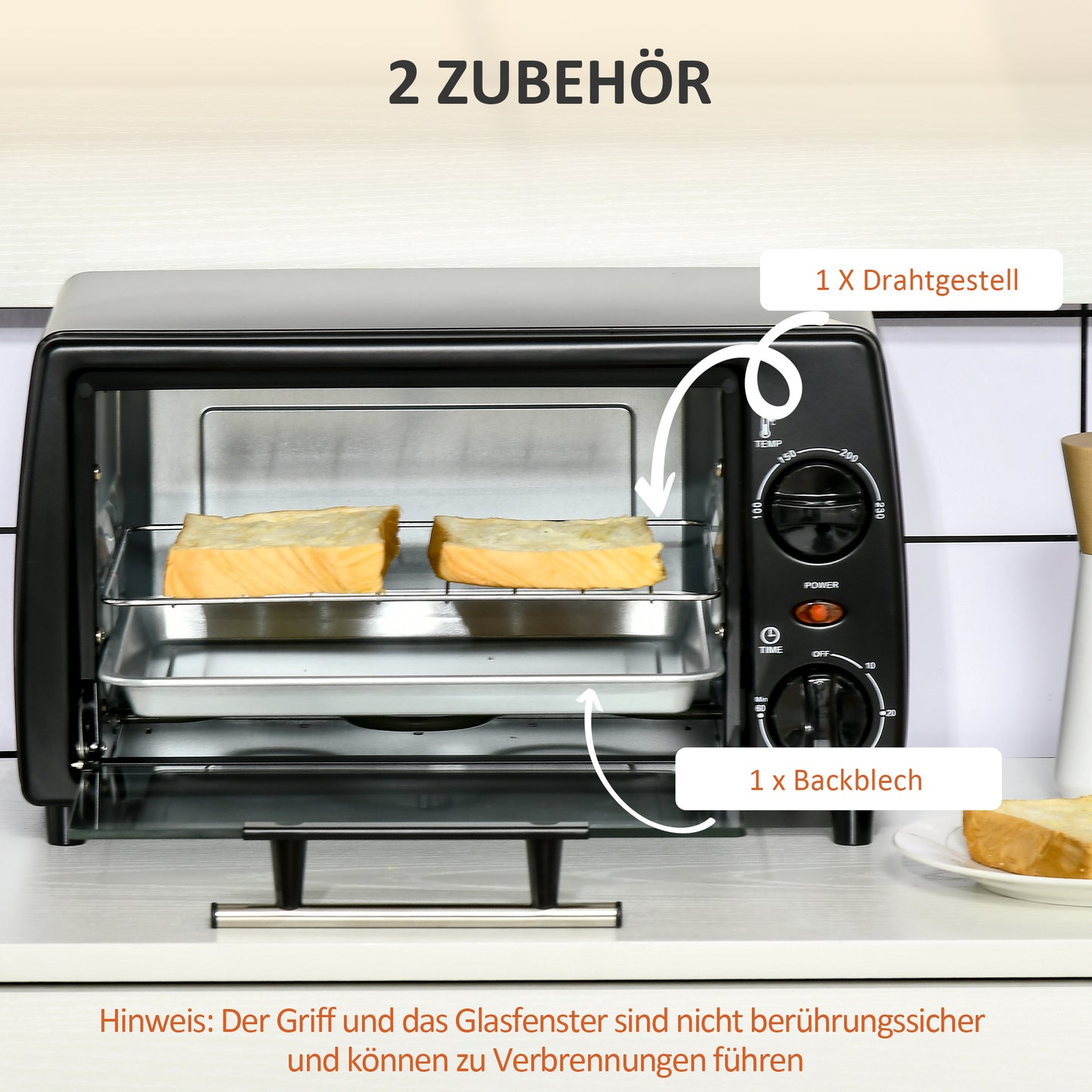 HOMCOM Mini-Ofen Toasterofen, 1 Backblech, 1 Grilrost, 10 L Kapazität, Timer-Funktion, 36.5 cm x 26 cm x 22 cm, Schwarz