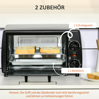 HOMCOM Mini-Ofen Toasterofen, 1 Backblech, 1 Grilrost, 10 L Kapazität, Timer-Funktion, 36.5 cm x 26 cm x 22 cm, Schwarz
