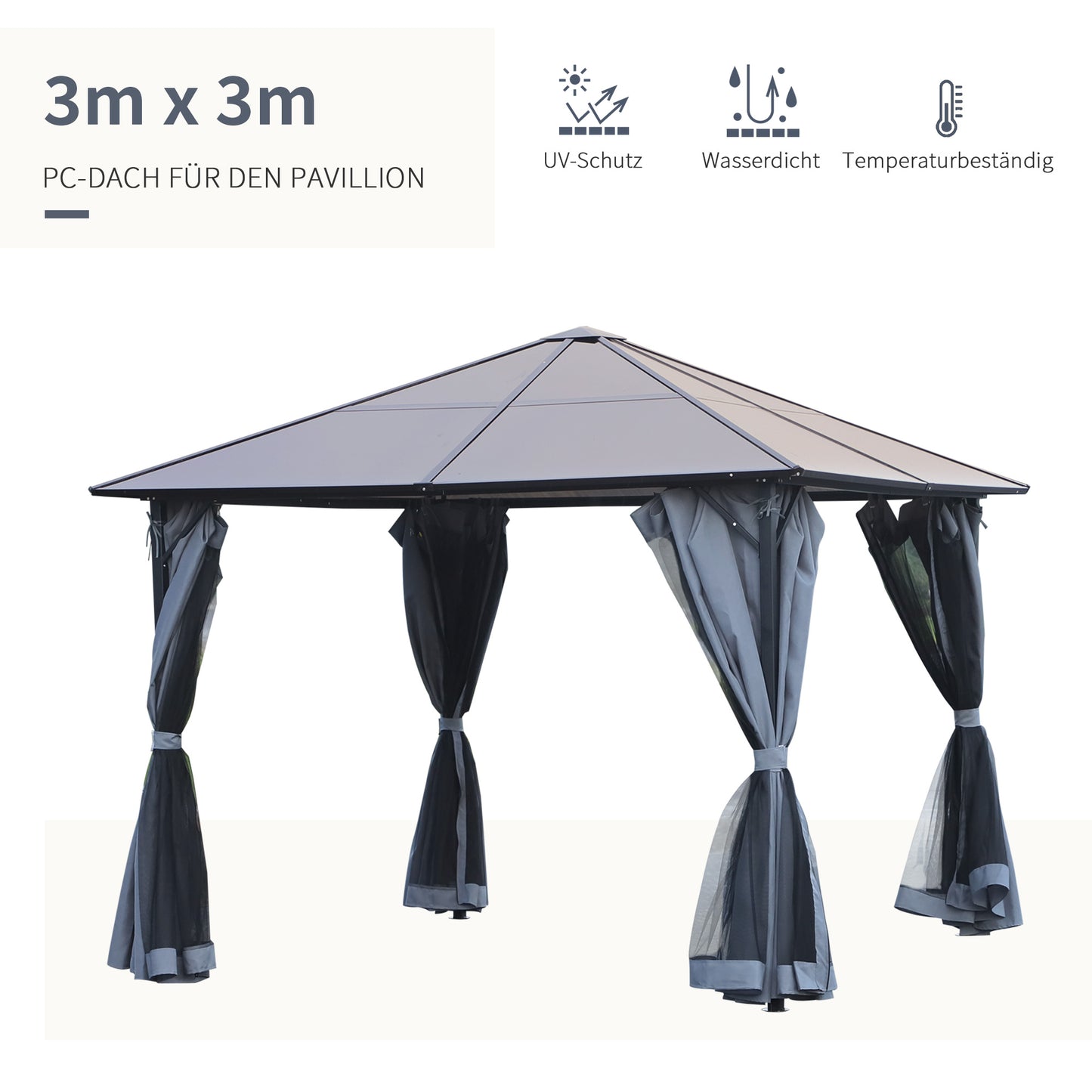 Outsunny Pavillon mit Polycarbonatdach, Vorhänge mit Fliegennetz, Alugestell, dunkelgrau, 3 x 3 m