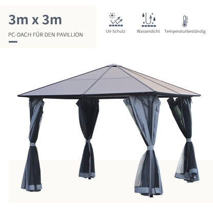 Outsunny Pavillon mit Polycarbonatdach, Vorhänge mit Fliegennetz, Alugestell, dunkelgrau, 3 x 3 m