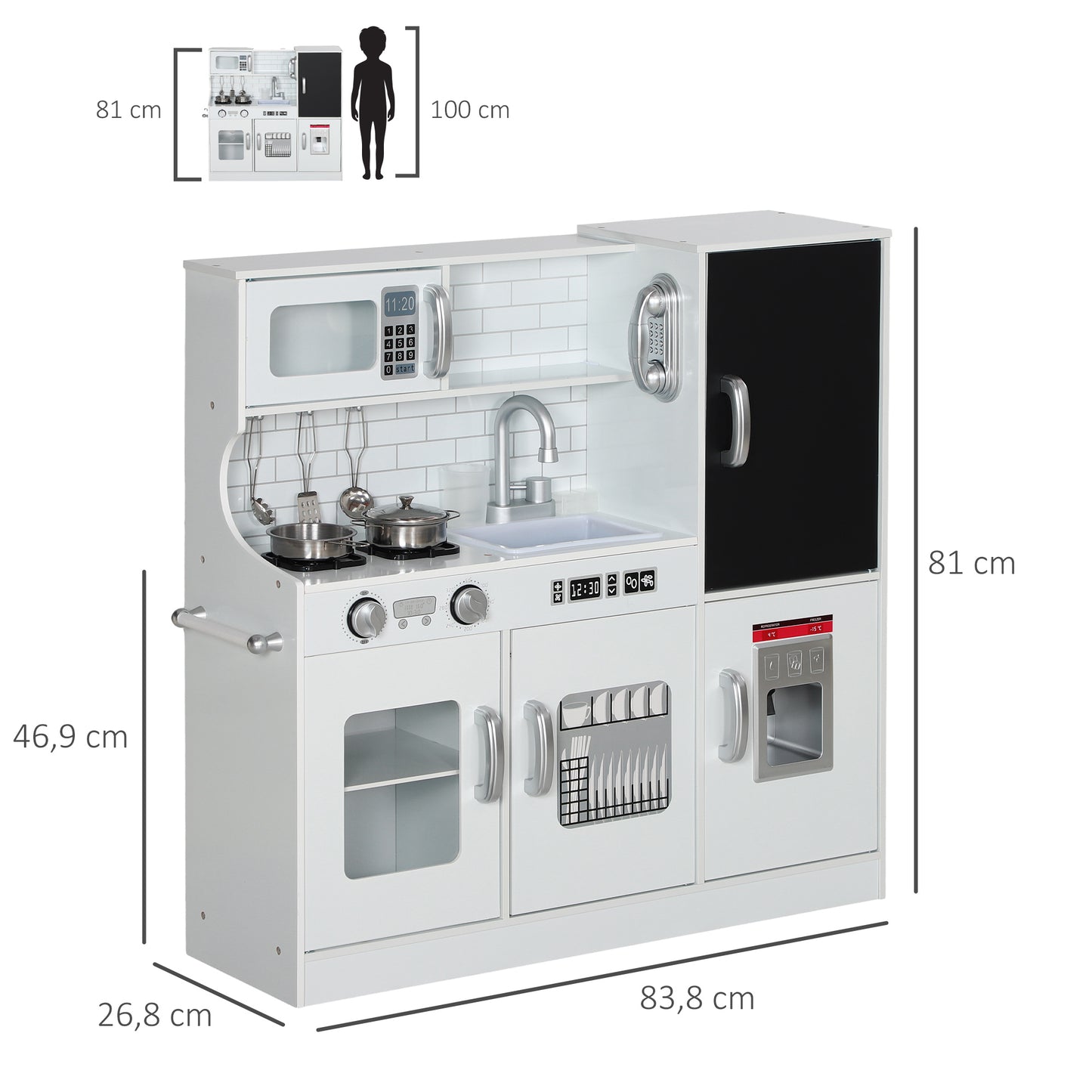 AIYAPLAY Kinderküche, Spielküche mit Telefon, Kreidetafel, Mikrowelle, Herd, Spüle, Zubehör, Eiswürfelmaschine, 3-8 Jahre, Weiß