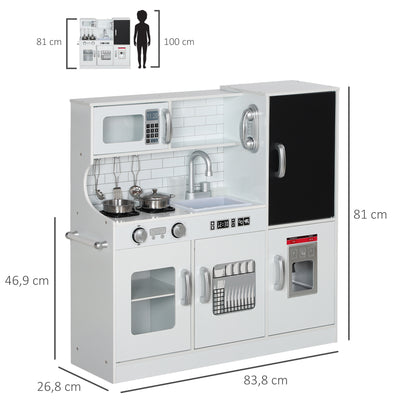 AIYAPLAY Kinderküche, Spielküche mit Telefon, Kreidetafel, Mikrowelle, Herd, Spüle, Zubehör, Eiswürfelmaschine, 3-8 Jahre, Weiß