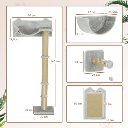 PawHut 5-teiliges wandmontiertes Kletterset für Hauskatzen mit Kratzpfosten, Kratzmatte, Katzenbett, Spielzeugbällen, Hellgrau