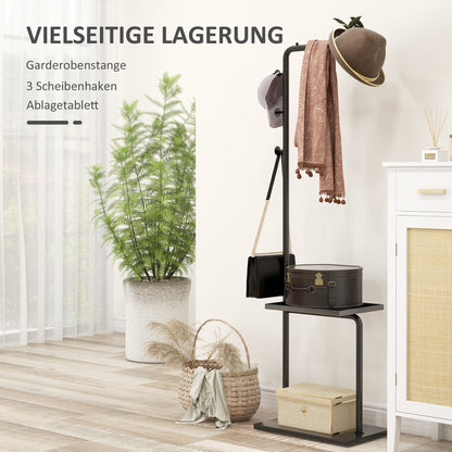 HOMCOM Garderobenständer, Kleiderstange mit Stoppern, 3 Haken, Ablagefach, Kunststeinsockel, Schwarz