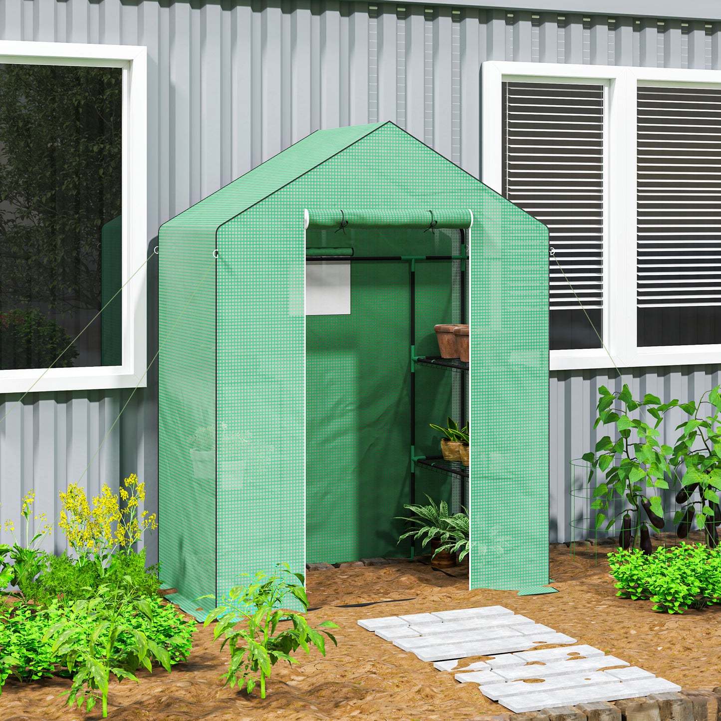 Outsunny Gewächshaus mit Regalen, Mini-Treibhaus, UV-beständig, Netzfenster, Reißverschlusstür, 143L x 74B x 190H cm, Grün