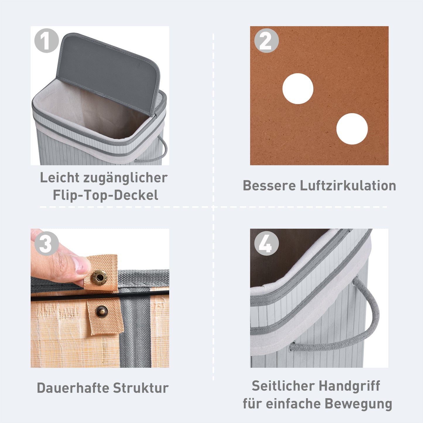 HOMCOM Wäschekorb, 70 L Wäschesammler mit Deckel, herausnehmbarer Innenfutter, Wäschebox für Badezimmer, 40 x 30 x 60 cm, Grau